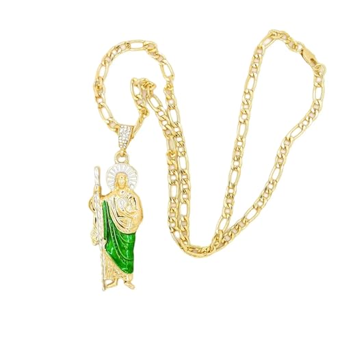 14K Gold Filled San Judas Necklace For Women And Men - Green Saint Jude Pendant Necklace, St Jude Tadeo Medalla Cadena Oro Laminado, Catholic Religious Christian Jewelry 2 - San Judas Necklace