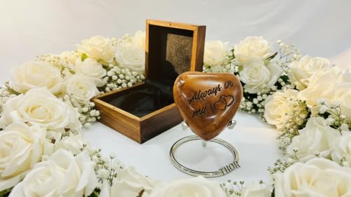 Wooden Heart Urn Keepsake Cremation Urn for Human pet Ashes Handcrafted Urn Heart Shaped - Perfect for Adults & Infants with Wooden Box & Stand 3 inch (Always in My Heart) Always in my Heart