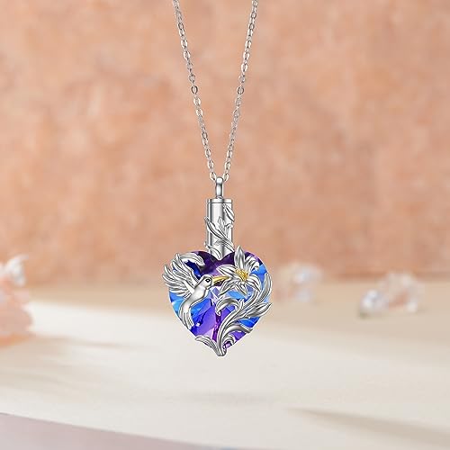 VONALA Hummingbird Urn Necklace for Ashes S925 Sterling Silver Hummingbird Cremation Jewelry for Ashes for Women Hummingbird Memory Ashes Keepsake Necklace for Loss Loved Ones Women Purple