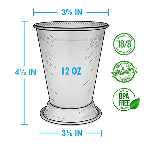 Mint Julep Cups: Stainless Steel Glasses, Set of 4, Metal 12 oz Cocktail Glasses, Party Supplies (4)