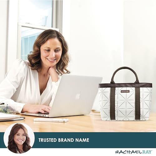 Rachael Ray Chillout Soft Cooler Bag, Large Reusable Insulated Grocery Bag with Zippered Top, Travel Tote for Hot or Cold Food, Grocery Tote Bag Grey & Ivory Print