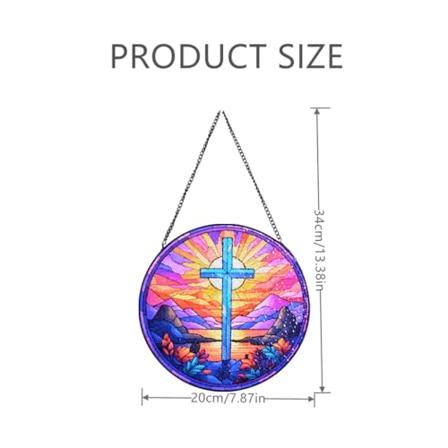 HOTIYOK Stained Glass Cross Round Mountain Sunset Design Glass Window Hanging for Kitchen Indoor Decorations Gifts for Women Grandma Teacher Nature Lovers