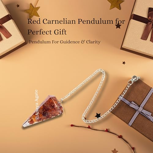 Anaya Agate Carnelian Pendulum - Certified Orgone Dowsing Crystal & Healing Gemstone Pendulum for Divination, Meditation, Chakra Balancing & Crystal Grid - Natural Gemstone Pendulum with Chain #26 Red Carnelian