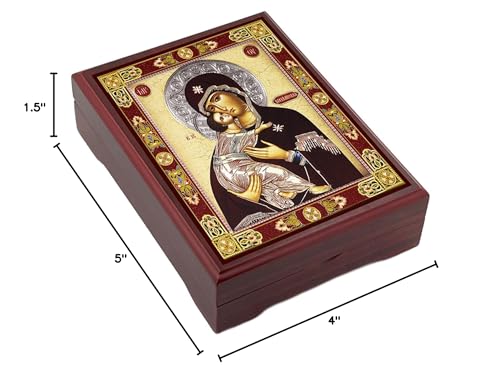 Needzo Rosary Box Madonna Icon Box Virgin Mary Of Vladimir Box for Prayer Beads Jewelry Madonna and Christ Wooden Keepsake Holder 5 Inch, Religious Gift