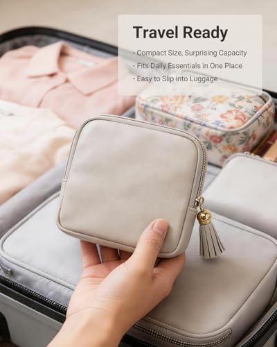 Small Travel Jewelry Case - Soft Vegan Leather Jewelry Organizer Storage Bag for Necklaces, Bracelets, Rings - Compact Jewelry Porch Travel Essentials for Women, Cream White 2 Pack