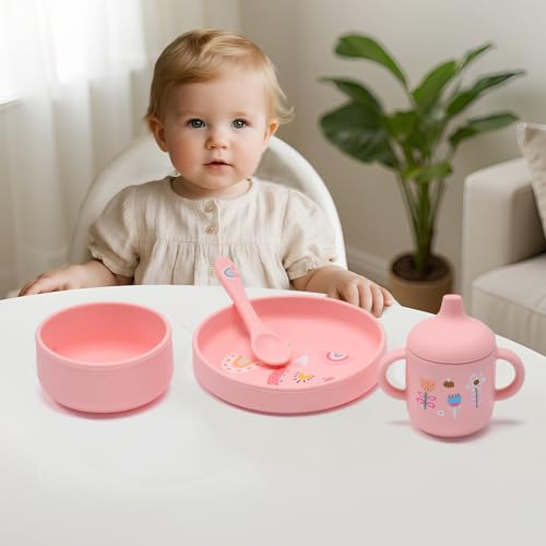 silicone baby feeding set, Baby Led Weaning Supplies，Cutlery Feeding Supplies, Baby Utensils Feeding Essentials for Starting Solids，5 Piece Set (pink) Pink