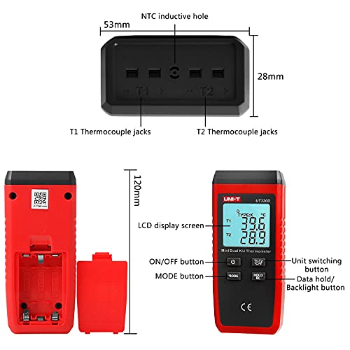 UT320D Dual Channel K/J Digital Thermometer, Thermocouple Temperature Meter Temperature Meter with 2 K-Type Measuring Probe for Industry, Agriculture, Meteorology and Life