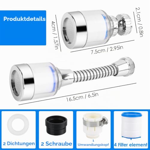 MplehDa 2 Pieces Water Filter for Tap, 360° Filter, with 4 Pieces Cotton Filter Element, Extension, Descaler Attachment Kitchen Bathroom (B) B