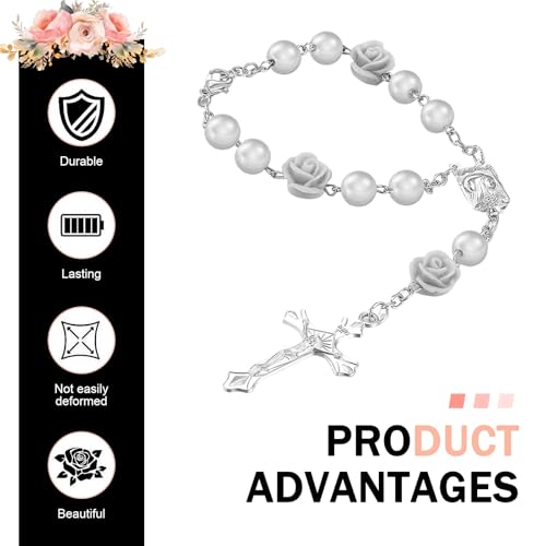 2 PCS Car Rosary Rearview Mirror, Personalized Blessing Rear View Mirror Hanging Decors, Rose Cross Rosary Car Interior Decor, Universal for Most Cars (White) 2 PCS White