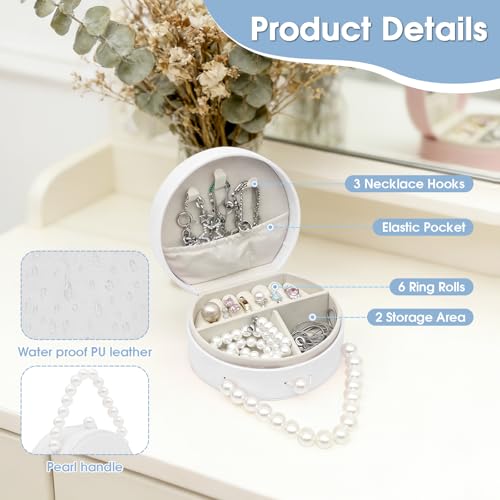 6 Pack Bridesmaid Proposal Gifts Set, Bulk Jewelry Boxes with 6 Cards, Small Travel Jewelry Case Organizer, PU Leather Mini Pearl Handle, Jewelry Box Travel Holder for Wedding Party (White) White