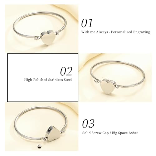 Cremation Jewelry Heart Urn Bracelet for Ashes Stainless Steels Heart Ashes Bracelet Bangle Memorial Cremation Bracelet Ashes Keepsake Jewelry Gifts for Women Girls Loss of Ones Silver