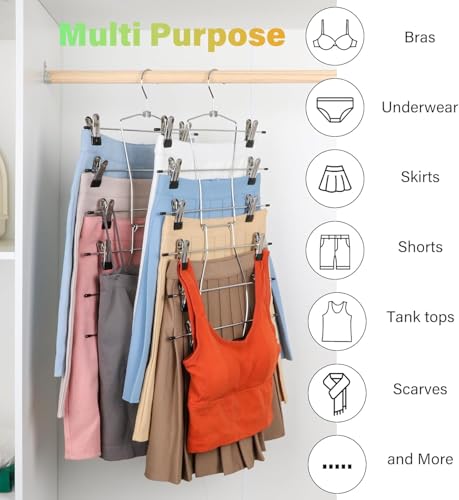 Pants Hangers,Space Saving 3 Pack Metal 6 Tier with Clips Holds 18 Skirts/Pants/Jeans/Shorts, w/360°Rotating Hook, Skirt Hangers Space Saving Closet Organizers and Storage (3)