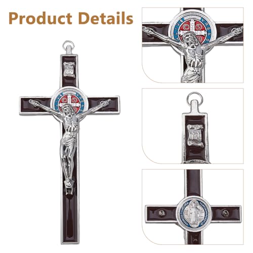 DICOSMETIC 1Pc 19.2x9.8cm Small Alloy Wall Cross Saint Benedict Wall Crosses Jesus Christ Crucifix Brown Enamel Crucifix Catholic Christian Cross Decor Easter Gifts for Women Men Coconut Brown