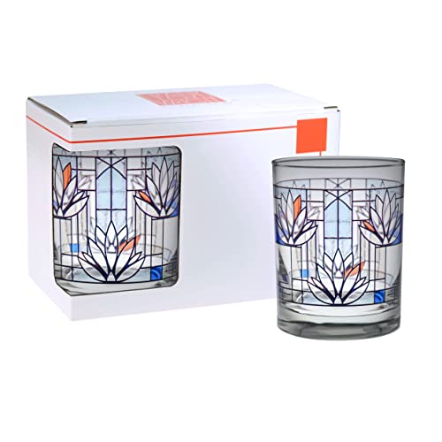 Culver Frank Lloyd Wright DOF Double Old Fashioned Glass 14-Ounce (Gift Boxed Set of 2, Waterlilies)