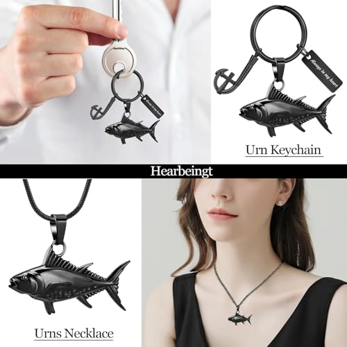 Hearbeingt Fish Hook Urn Keychain for Ashes Fishing Cremation Jewelry Black