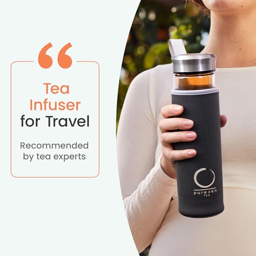 Pure Zen Tea Infuser Bottle with stainless steel infuser, 13 oz capacity, ideal for brewing tea on the go.