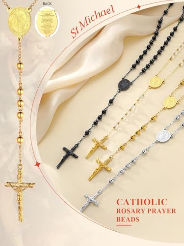 FaithHeart Rosary Beads Catholic Necklace for Men, St Michael/St Christopher/Virgin Mary Prayer Rosaries with Crucifix Cross Stainless Steel Praying Rosary Necklace Saint Michael-Gold Steel Bead
