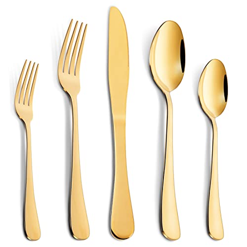 Gold Silverware Set 20 pcs, Knife Spoon Fork Silverware, Durable Stainless Steel Flatware Set, Kitchen Eating Utensils Set for Home Party and Restaurant, Dishwasher Safe Gold /