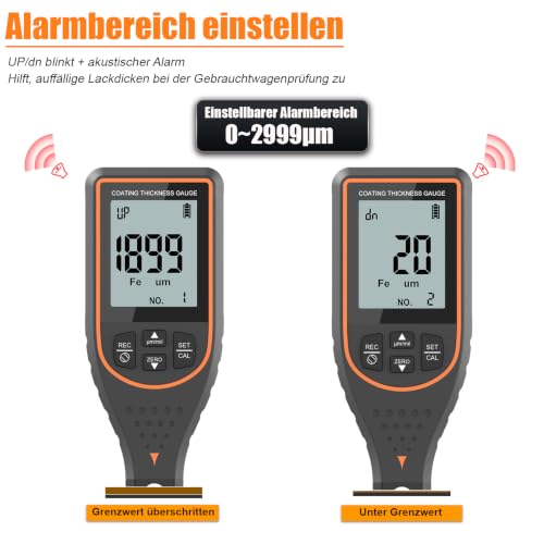 Car Paint Thickness Gauge 0-2999 µm Used Car Check and Workshop | ±2% + 2 µm accuracy, 0.1 µm resolution, Fe/NFe automatic, upper/lower limit alarm, 6-point calibration, 30 value memory