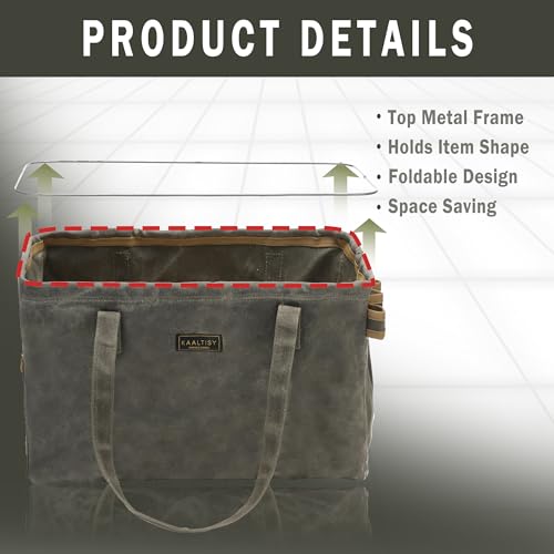 Kaaltisy army green waxed canvas tool tote bag with 8 pockets and metal support rods