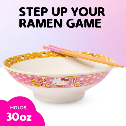 Silver Buffalo Sanrio Hello Kitty Pink, Ramen Bowl with Chopsticks, 30oz 30 Ounces Hello Kitty Waves and Flowers (Big)