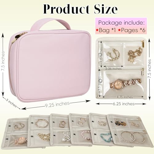 Travel Jewelry Organizer Case,Small Jewelry Bags Jewelry Storage Book Binder with Clear Zipper Velvet Pouch for Traveling,Earrings, Rings, Necklace, Bracelet (Pink) Pink