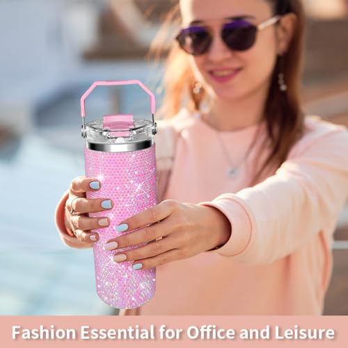 Bling Rhinestone Studded Tumbler with Top Handle, Bling Cups Stainless Steel Water Bottle Diamond Glitter Tumbler for Women - Birthday Gifts for Women, Mom,Get Well Soon Gifts (Pink) Pink