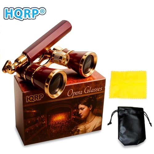 HQRP 3 x 25 Opera Glasses Theater Binoculars w/Crystal Clear Optic (CCO) & Built-in Extendable Handle, Burgundy with Gold Trim, for Adults Kids Women, in Musical Concert Sport Events, Gift Box
