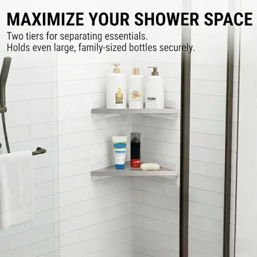BVL Corner Shower Shelf, 8 Inch Brushed Nickel 2-PACK Bathroom Corner Organizer, 3M Adhesive Wall Mounted Shower Caddy, Waterproof Rustproof Metal Storage Rack for Shampoo Soap 8 INCH-2 PACK