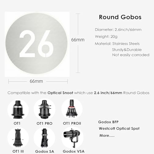 20Pcs Round Gobos Kit for Optical Snoot,66mm/2.6in Metal Plate Patterns Compatible with Godox BFP/BP-SE/OT1/OT1 Pro/Westcott,Custom Gobos Number Series for Birthday Shot/Tiktok etc