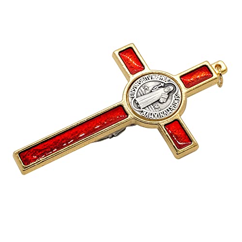 VILLAGE GIFT IMPORTERS 3.25" Saint Benedict Medal Crucifix Enamel design with St. Benedict Medal Multiple colors Red