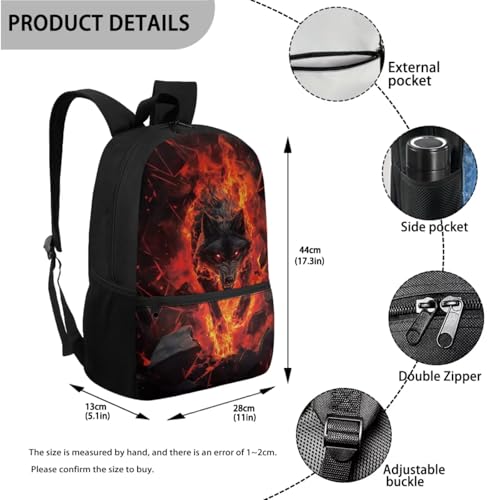 JEOCODY Kids Backpack Set 4 Piece School Bag with Lunch Bag Pencil Case Water Bottle Holder for Boys and Girls Cool Fire Wolf Printedd
