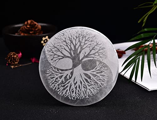 JIC Gem 5" Tree of Life Etched Selenite Charging Plate Round Engraved Selenite Slab Large Healing Crystal Charging Station Tree of Life-5"