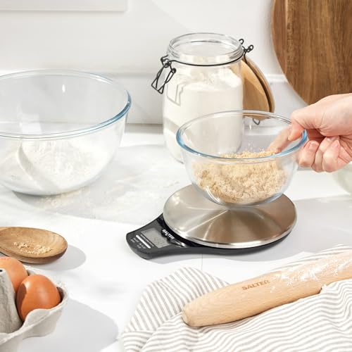 Salter Digital Kitchen Scale – Food Scales, Kitchen Weighing Scales, 5kg Capacity, Stainless Steel Platform, Measure Liquids, Add & Weigh, Tare/Zero Function, 1 x CR2032 Battery Included, 1035 SSBKDR Aquatronic Platform Scale