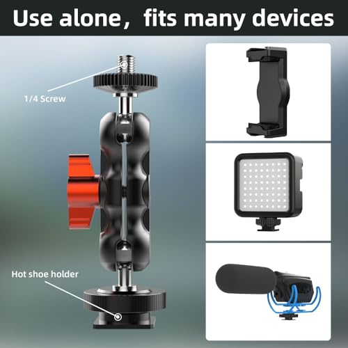SOH Hot/Cold Shoe Phone Mount Holder, Universal 2 Ball Head Smartphone Mount Adapter, Cold Shoe Phone Clip Mount for iPhone 17/16/15, DSLR Camera LCD Camera Cage Flash LED Light Microphone and More BLACK&RED