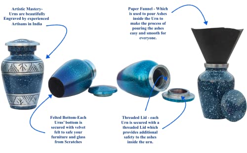 Blue Small Urns for Human Ashes Female Male | Set of 4 Premium Mini Keepsake Urns with Four Velvet Bags A Paper Funnel and A Stunning Magnet Closer Gift Box Blue