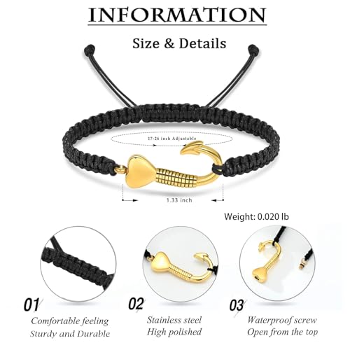 zeqingjw Cremation Ashes Keepsake Heart Fish Hook Urn Bracelet for Ashes Adjustable Black Braided Rope Cremation Bangle Urn Jewelry for Men Women Gold