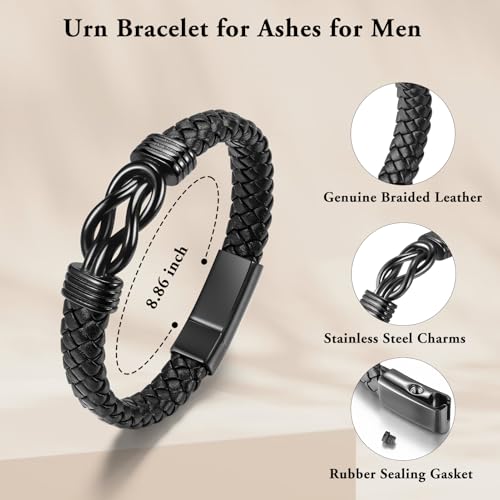 SOITIS Leather Cremation Bracelet for Ashes - Memorial Keepsake Urn Bangle for Men Women - Stainless Steel Memorial Jewelry for Loved Ones, Cremation Jewelry for Ashes Black