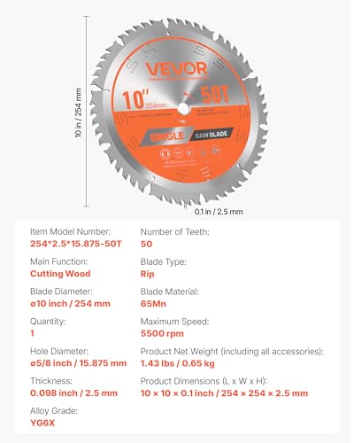 VEVOR Circular Saw Blade (254mm φ & 50 Sharp Teeth & 2.5mm Thickness) Ideal for Plywood OSB Hardwood Compatible with Circular Saw, Alloy Saw Blade with Noise Reducing Heat Extractors