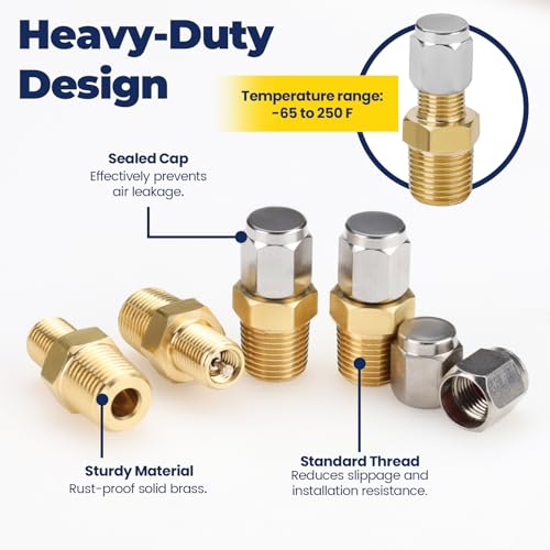 LELE LIFE 4 Pack 1/8" NPT Tank Valve with Airtight Metal Sealing Caps, Anti-Corrosion Brass Valve with Male NPT and Standard Core, for Air Compressor Tanks, 1/8" NPT
