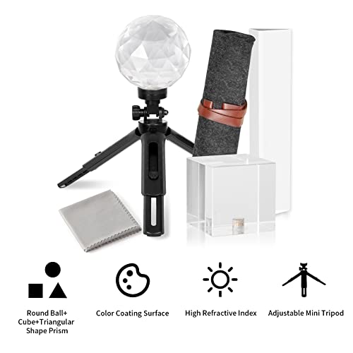 Meking 3pcs Photography Prism Set with Mini Tripod, Optical Crystal Prism Transparent style