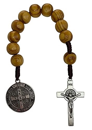 Treasure4U-Store Saint Benedict Medal Prayer Pocket Rosary Catholic Brown Wood Beads San Benito Tenner Open Style One Decade Rosary