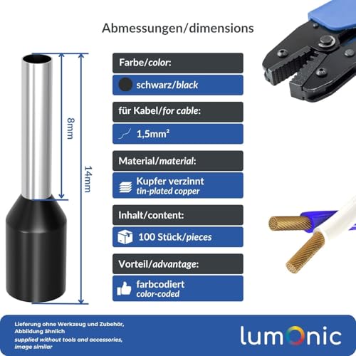 100x Insulated Bootlace Ferrules 1,5mm² / 8mm black ; Cable End Terminals 1,5mm²