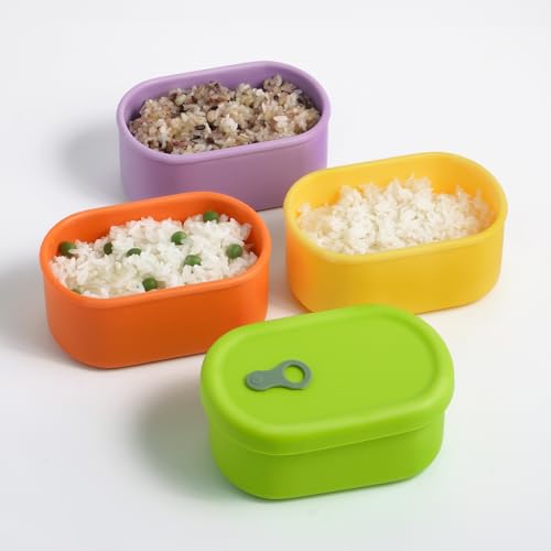 Set of four SIMVOLA Korean silicone food containers with steam vents, 12 fl oz capacity, in vibrant multicolor, ideal for storing leftovers.