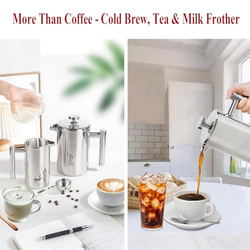 Stainless Steel French Press Coffee Maker - Portable Cafetiere 3 Cup Espresso Coffee Press - Double Wall Insulated, Triple Mesh Filter - Perfect for Home, Office, Camping & Travel (20 Oz) 20 Oz