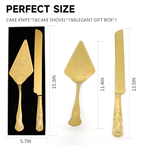 Vintage Wedding Cake Knife and Server Set, Stainless Steel Cake Pie Pastry Cutting Knife & Serving Spatula Set, Premium Party Supplies for Wedding, Birthday, Anniversary & Events, Gold
