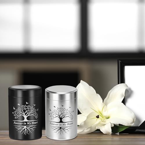 8 Sets 2.76'' Small Urns for Human Ashes Silver Black Aluminum Cremation Keepsake Funeral Urn with Memorial Cards and Velvet Bag Sets Sharing for Family Pet Ash (Tree of Life)