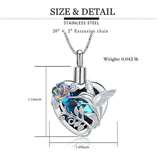 Yinplsmemory Hummingbird Cremation Jewelry Crystal Heart Urn Ashes Necklace for Women Men Memorial Keepsake Necklace of Loved One Blue-Rainbow