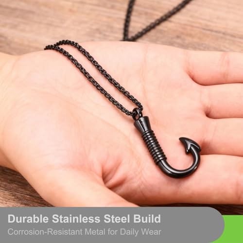Urn Necklace for Men Stainless Steel Fishing Hook Pendant Charm that Holds Human Ashes Mens Cremation Jewelry Ash Holder Memorial Fish Pendants and Urns for Ash Tribute