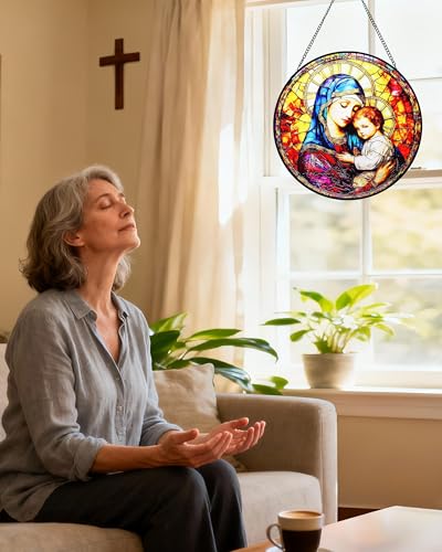 8” Round Stained Glass Suncatcher for Windows Hanging - Virgin Mary & Baby Jesus Design | Sun Catchers Indoor Window Decor & Christian & Catholic Wall Art, Religious Gift for Mother/Mom